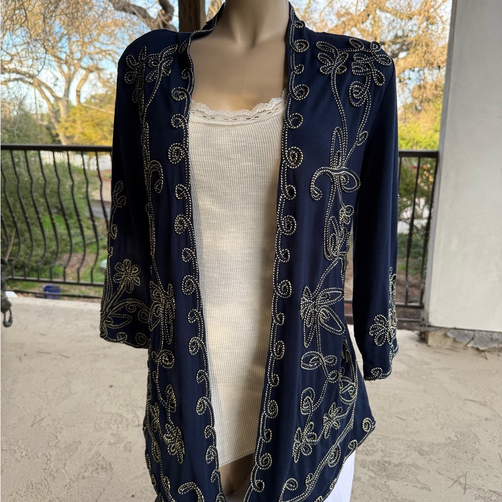 Objects D’art cardigan‎ navy embroidered cord w gold metallic thread XS S soft